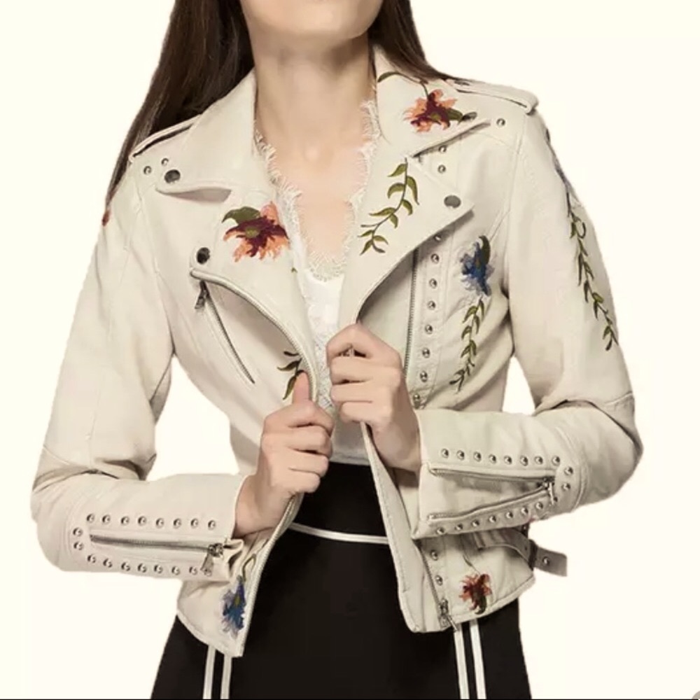 🎉New Chic Ivory Floral Print Embroidery FauxLeather Moto Jacket - Picture 7 of 16